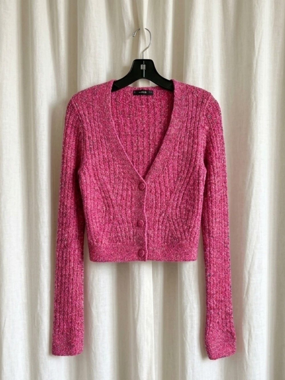 Mango Pink Fuchsia Metallic Cable Knit Long Sleeve Festive Chic Cropped Sweater